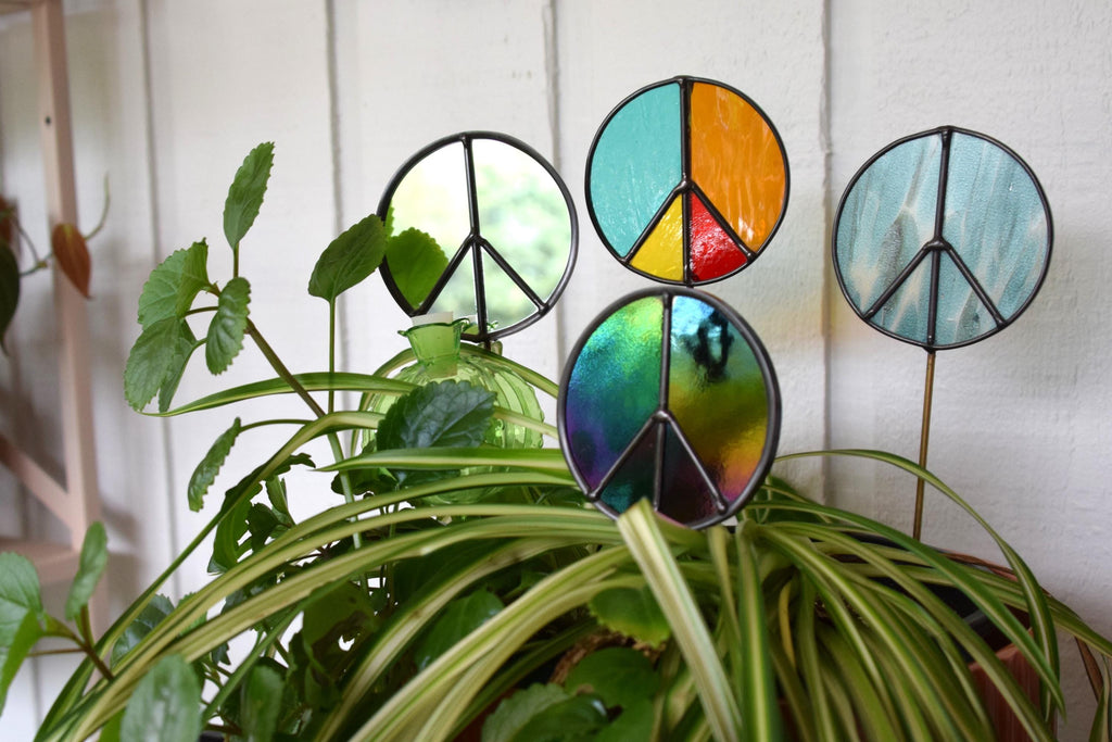 Handmade stained glass peace sign garden stake